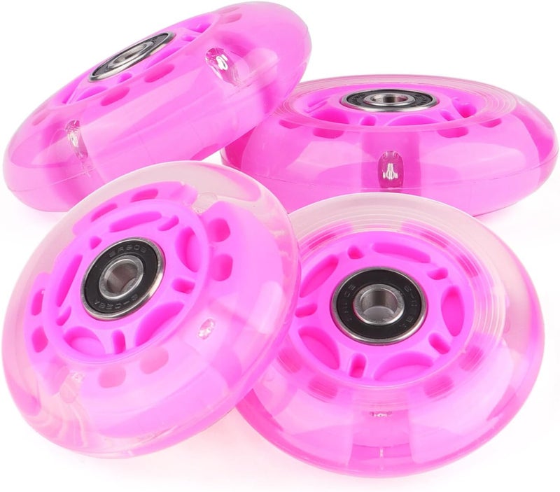 WHEELGOO 4-Pack PU Inline Skate Wheels Flashing Wheels Replacement w/Bushings for Kids Youth Children's Roller Skates (Pink, 80mm) - Image 4